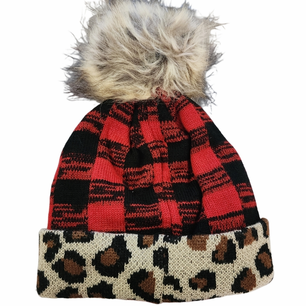 Red Buffalo Plaid Leopard Cuff Sherpa Lined LV Patch Pom Beanie - Picture 2 of 2